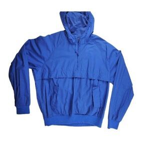 Lands' End Jacket Size Large Blue Windbreaker Hood Folding Pouch Camping Travel
